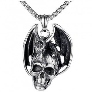 Pendentif homme dragon pos� sur un crane humain en acier