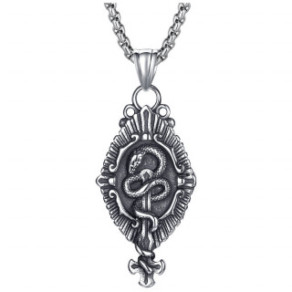 Pendentif � serpent enroul� autour d'une croix invers�e en acier