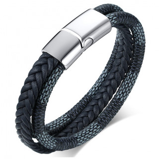 Bracelet triple � tresse similicuir noire et lacets