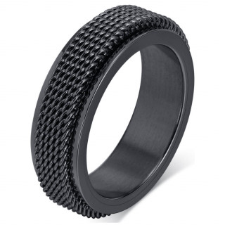 Bague homme acier noir � bandeau style cotte de mailles