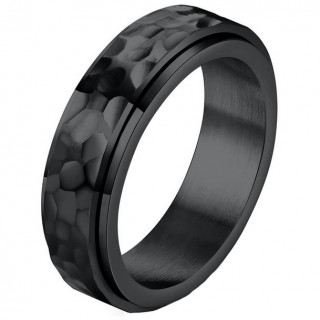 Bague homme noir acier � bandeau tournant martel�