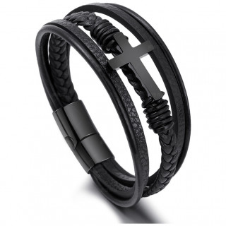 Bracelet homme tresse et lani�res en cuir � croix latine noire