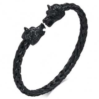 Bracelet homme noir jonc tress� style viking � t�tes de loups en acier