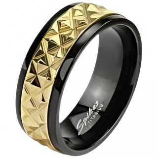 Bague homme en titane noir avec bandeau dor� � losanges