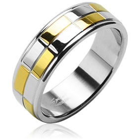 Bague homme en acier � damier dor� et argent�