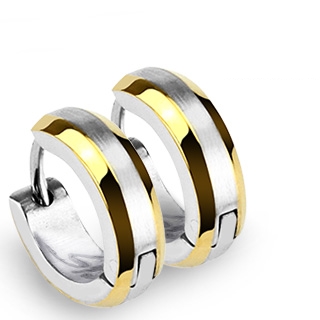 Paire de boucles d'oreilles homme en acier � bords dor�s et bizeaut�s