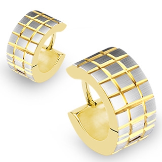 Paire de boucles d'oreilles homme en acier argent� et dor� style gauffr�