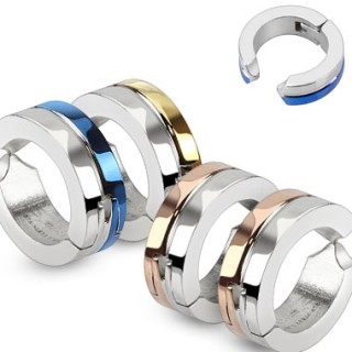 Paire de fausses boucles d'oreilles homme en acier � bandes bicolores