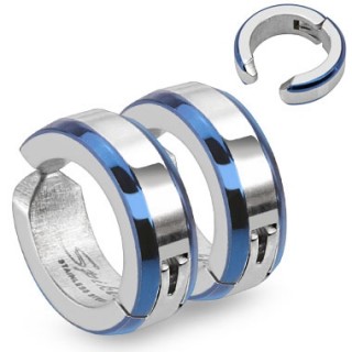 Paire de fausses boucles d'oreilles homme en acier � bords biseaut�s bleus