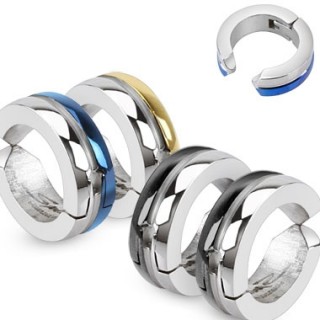 Paire de fausses boucles d'oreilles homme en acier � centre rainur� et bord color�