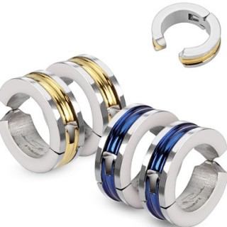 Paire de fausses boucles d'oreilles homme en acier � bande color�e et rainur�e