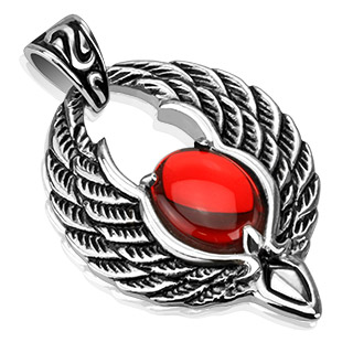 Pendentif acier ailes de phoenix avec orbe rouge