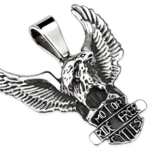 Pendentif acier biker aigle avec bouclier "Motor Ride Free Cycles"