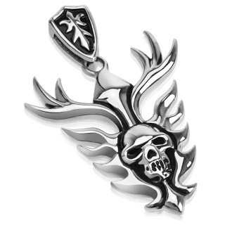 Pendentif acier bouclier � crane embras� et double lance