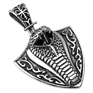 Pendentif acier bouclier t�te de cobra � reliefs