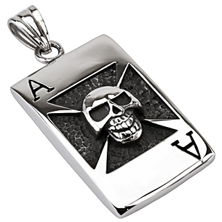 Pendentif acier carte as de pique � t�te de mort et croix de guerre