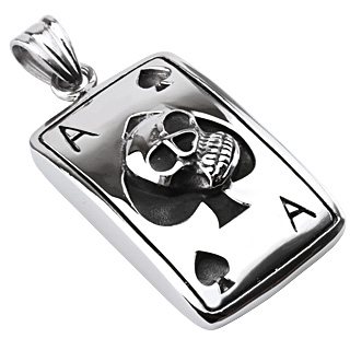 Pendentif acier carte as de pique avec t�te de mort
