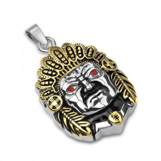 Pendentif acier chef indien � coiffe dor�e et yeux rouges