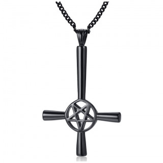 Pendentif acier croix de satan noire (invers�e et pentacle)