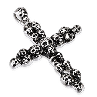 Pendentif acier croix de t�tes de mort empil�es