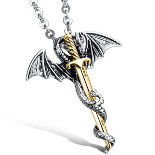 Pendentif acier dragon � �p�e dor�e