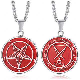Pendentif acier � pentagramme satanique emaill� rouge