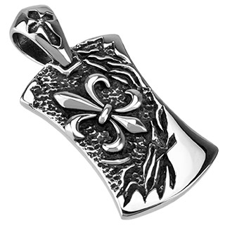 Pendentif acier plaque noircie � fleur de Lys en relief