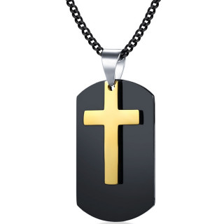 Pendentif acier plaque noire et croix dor�e