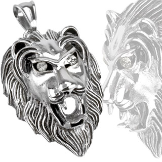 Pendentif acier t�te de lion � yeux sertis