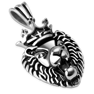 Pendentif acier t�te de lion rugissant et couronn�
