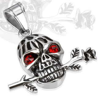 Pendentif acier t�te de mort avec rose entre les dents
