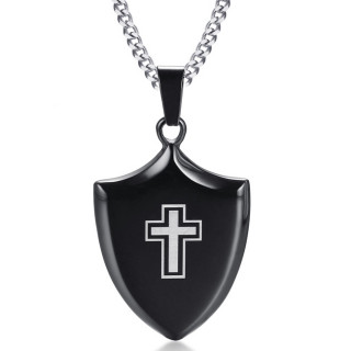 Pendentif bouclier noir � croix latine en acier (avec chaine)