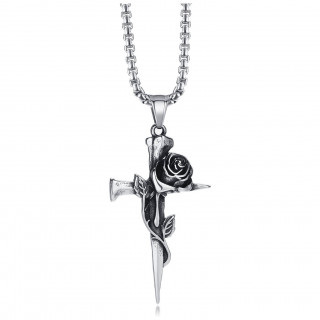 Pendentif croix et rose entrem�l�es en acier