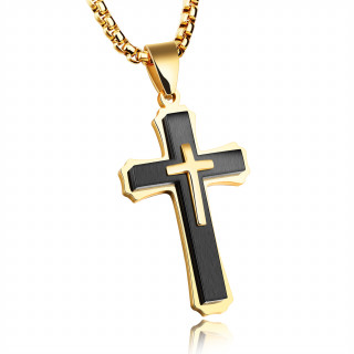 Pendentif croix triple en acier noir et dor�