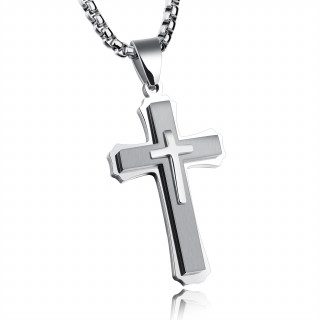 Pendentif croix triple en acier poli et bross�