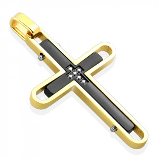 Pendentif en acier avec croix noire � contours dor�s et arrondis