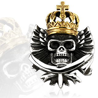 Pendentif gothique acier crane ail� � couronne dor�e
