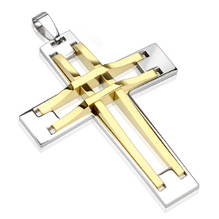 Pendentif homme en acier bicolore croix � structure dor�e