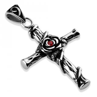 Pendentif homme acier goth-rock croix � rose grimpante