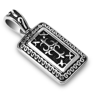 Pendentif homme en acier style m�daillon � frise, croix et fleur de Lys
