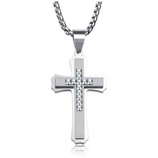 Pendentif homme acier trinit� de croix � pierres claires