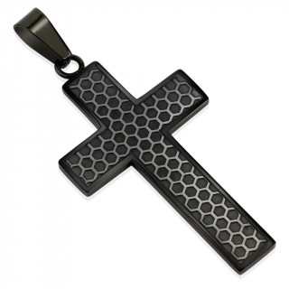 Pendentif homme croix noire en acier � alv�oles anthracites