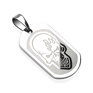Pendentif homme plaque acier t�te de mort en feu