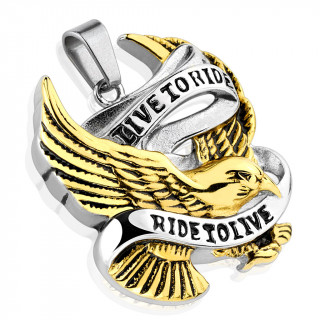 Pendentif homme style biker avec aigle dor� et devise