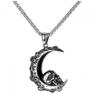 Pendentif lune pleine de crat�res � crane humain en acier