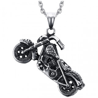 Pendentif moto custom en acier � crane et aile d'ange