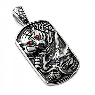 Pendentif plaque acier � tigre et dragon en relief