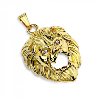Pendentif t�te de lion en acier dor� aux yeux sertis