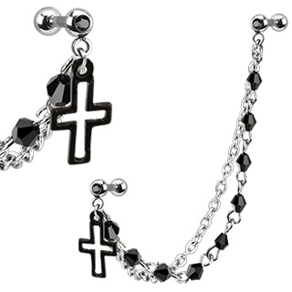 Piercing double tragus et cartillage � chaine et croix noire