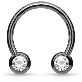 Piercing fer � cheval en acier noir serti deux strass blancs
